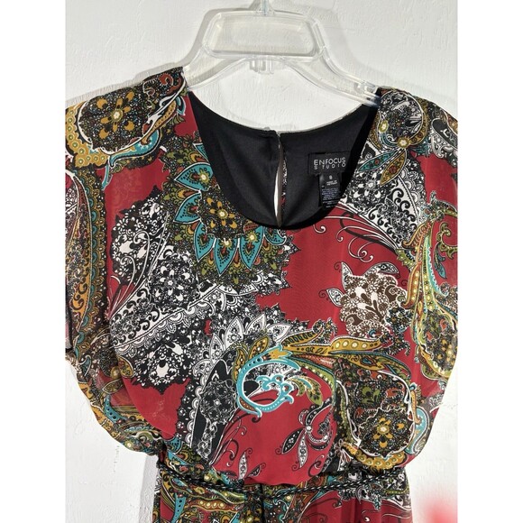 Focus Women’s Burgundy Paisley Design Sz 8 Dress Belted Sleeveless Key Hole Back - Picture 2 of 7